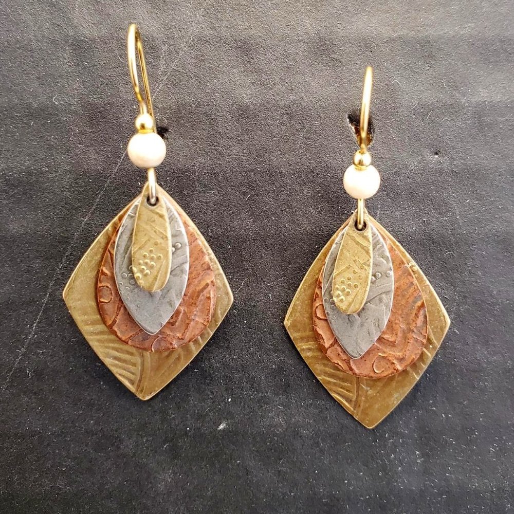 Multi metal stamped drop earrings.